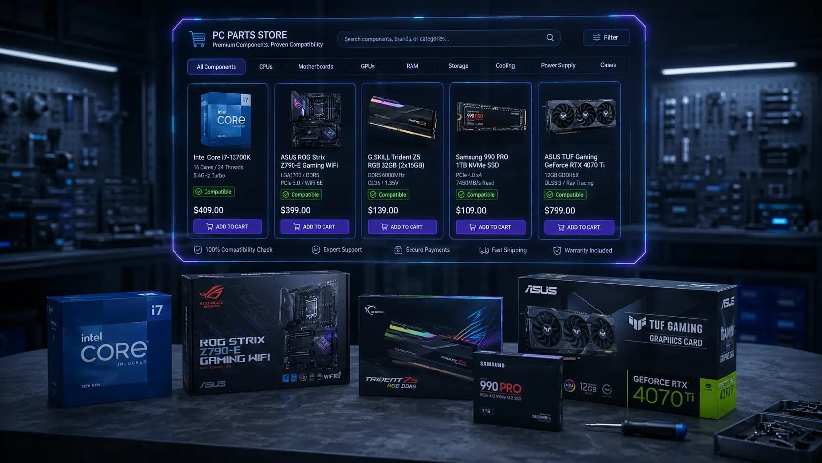 PC parts store catalogue with compatibility badges and add-to-cart per component