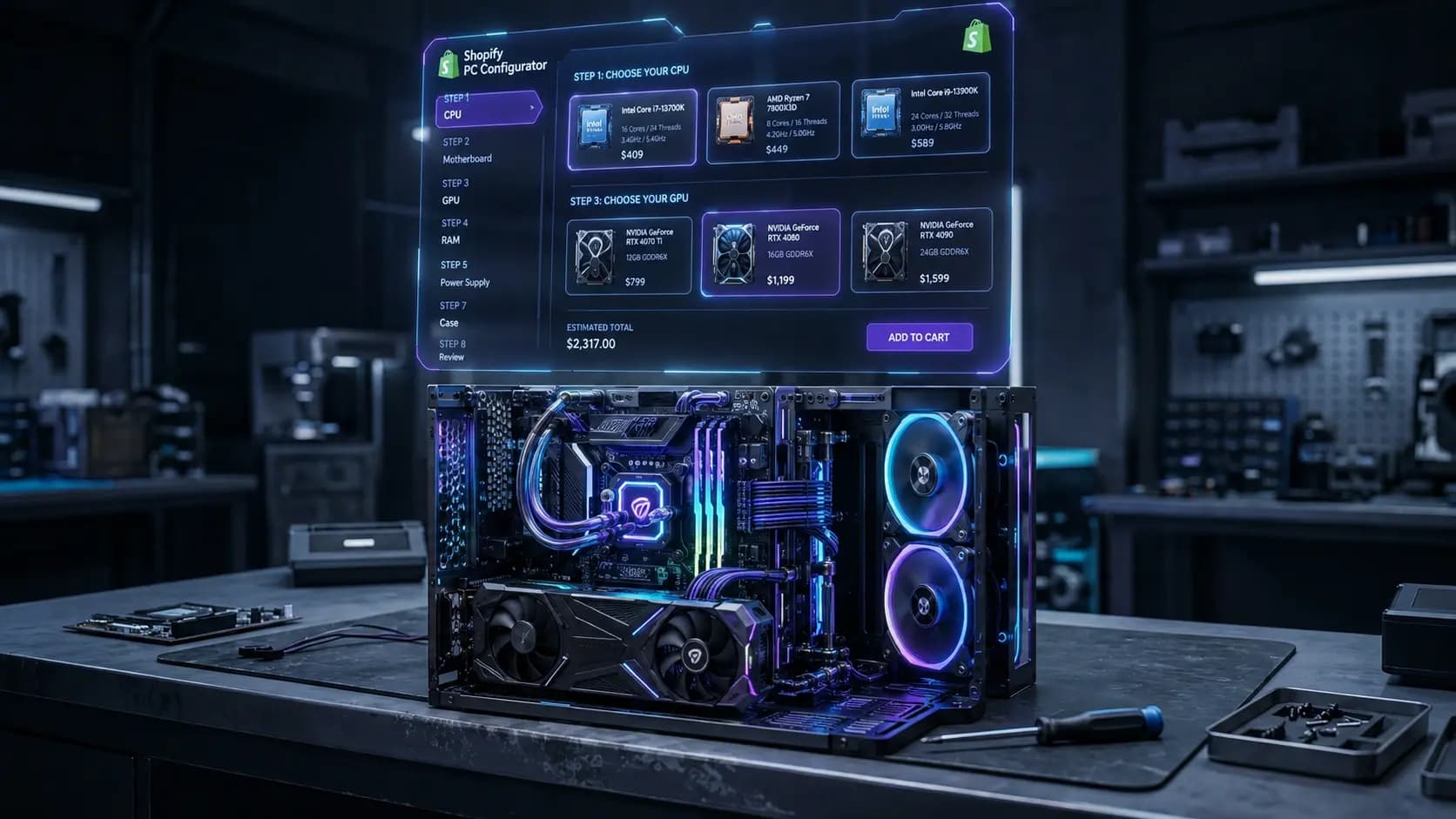 Shopify PC configurator showing guided component selection and live pricing
