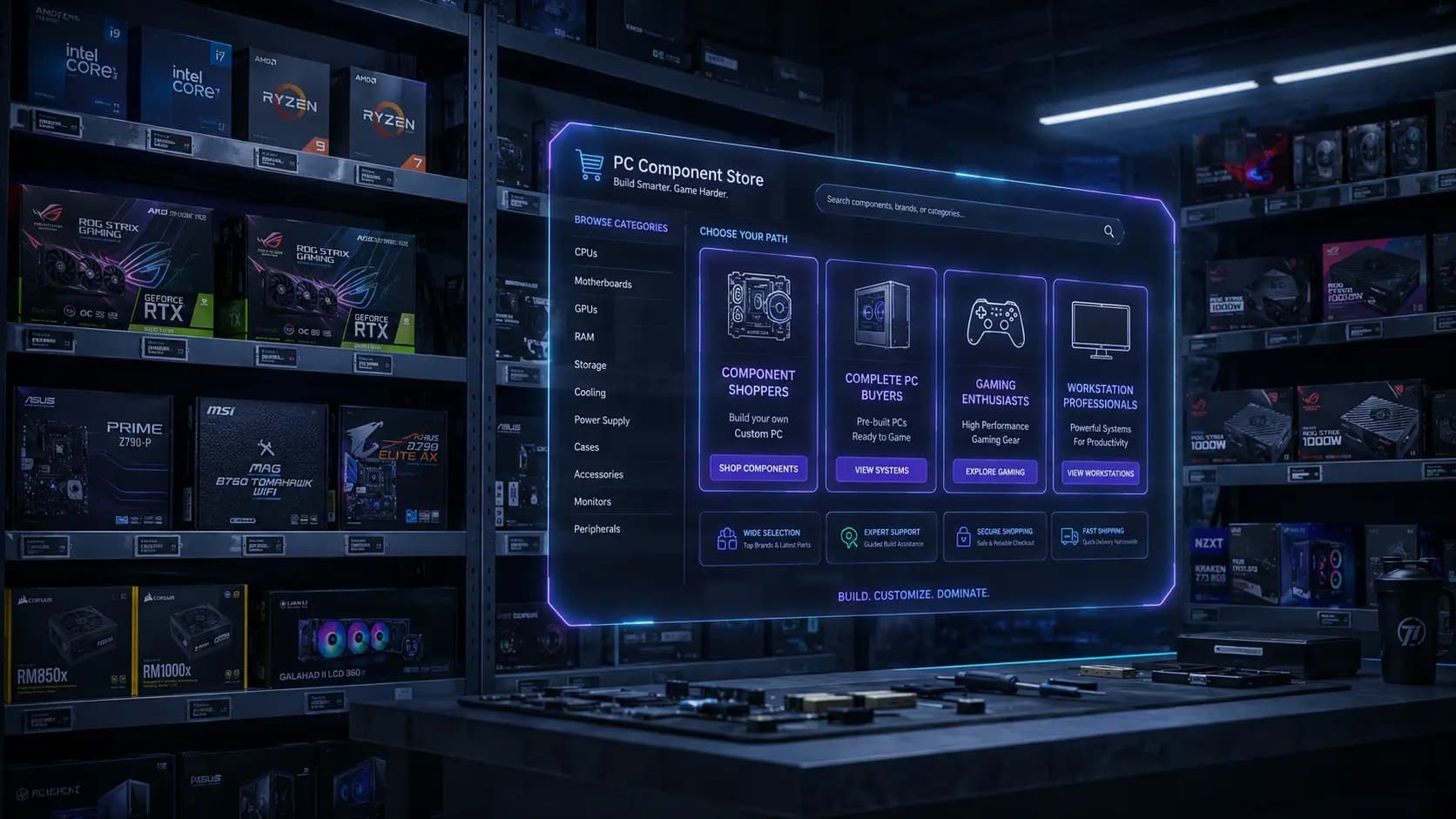 PC configurator for online computer stores with guided buying journeys by customer type