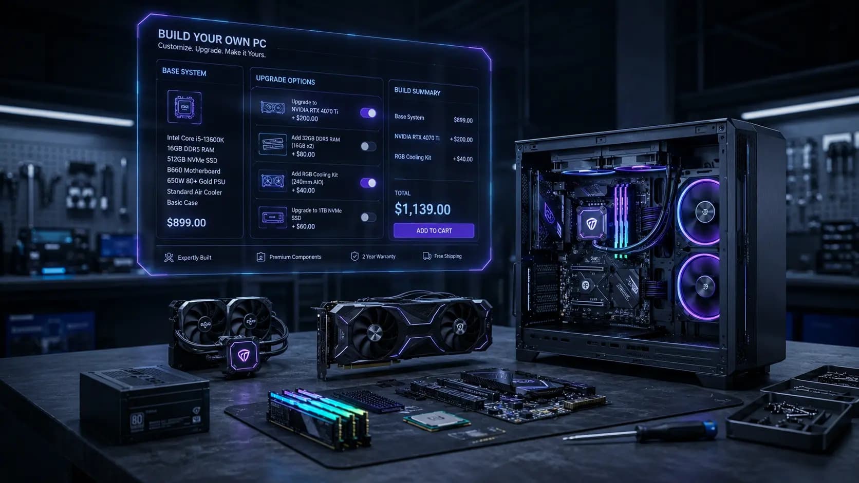 Build-to-order custom PC configuration with live upgrade pricing on Shopify