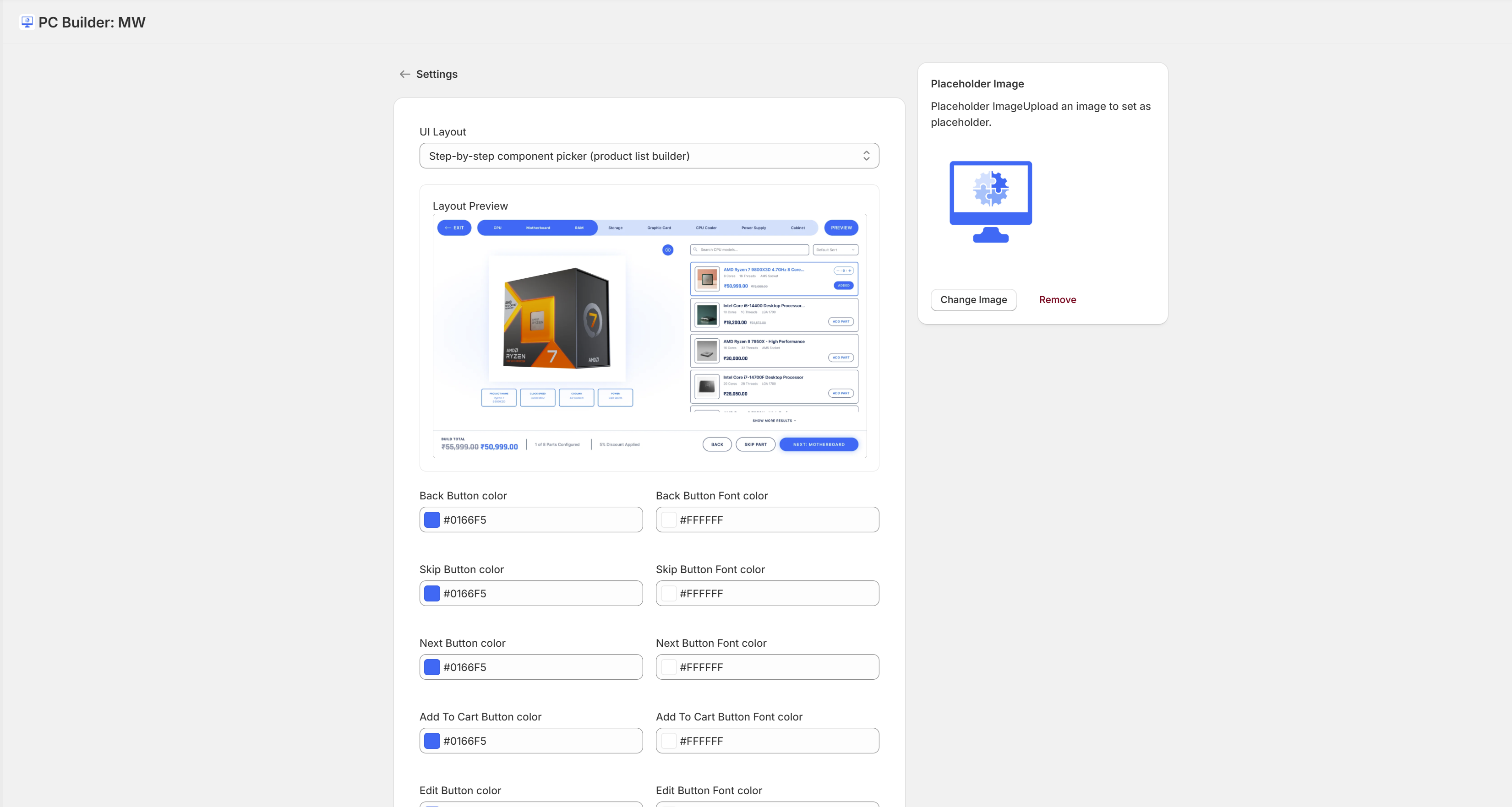 PC Builder MW admin settings — AI key configuration